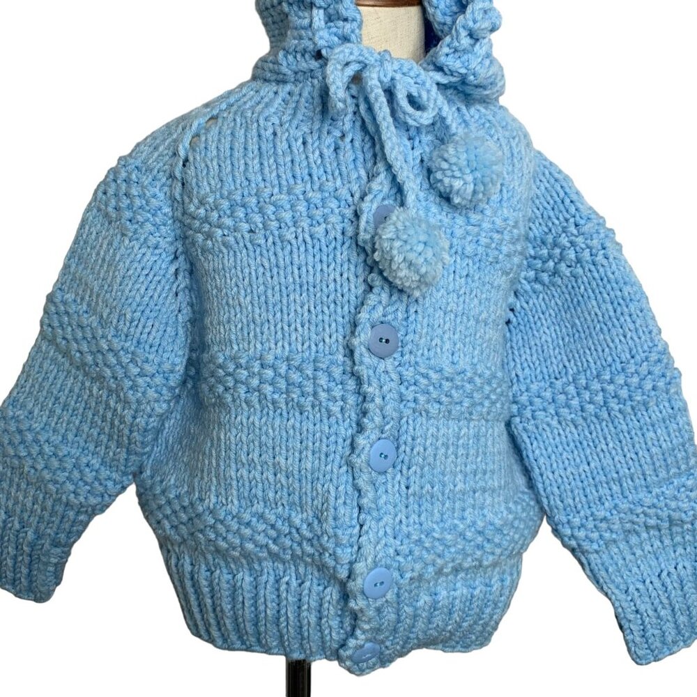 Vintage Handmade Knit Hooded Sweater 6-7 Blue Button Up Cardigan Puff Balls - Picture 3 of 7